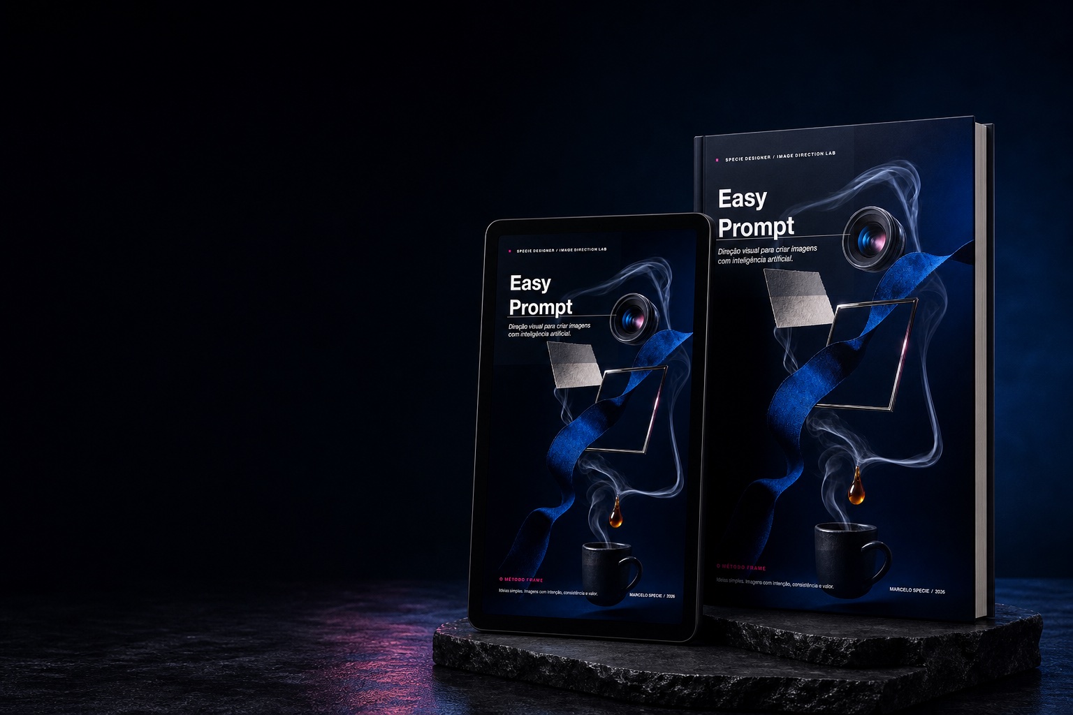 Livro e tablet com o e-book Easy Prompt
